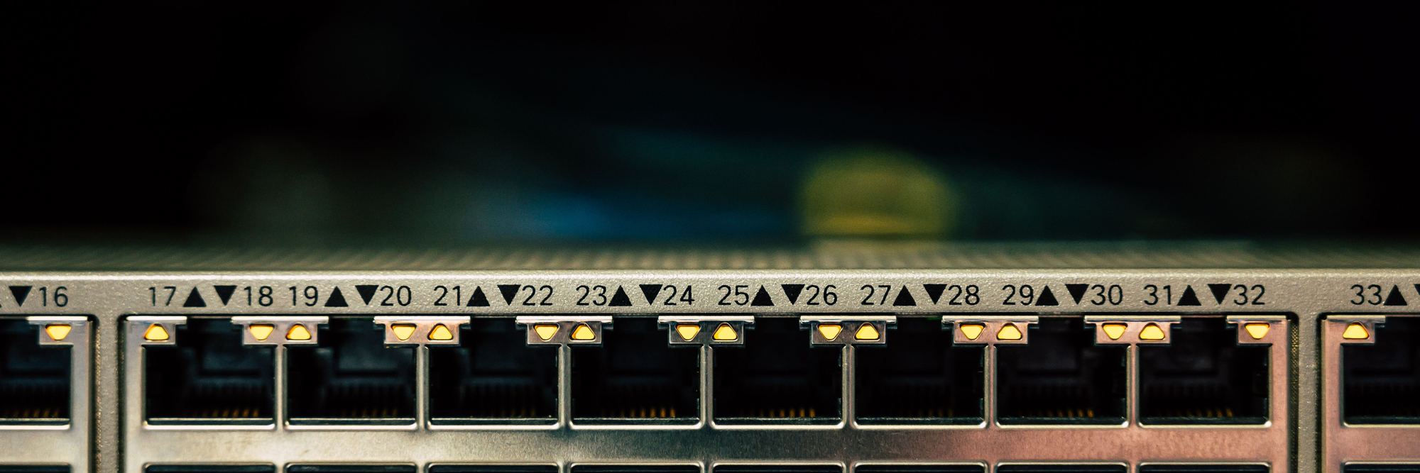 A switch faceplate photographed straight on, every port numbered and link lights lit across the row.